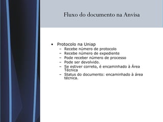 Fluxo do documento na Anvisa Protocolo na Uniap  Recebe número de protocolo Recebe número de expediente Pode receber número de processo Pode ser devolvido. Se estiver correto, é encaminhado à Área Técnica Status do documento: encaminhado à área técnica. 