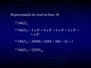Representação de octal na base 10

   * 546218

   * 546218 = 5 x 84 + 4 x 83 + 6 x 82 + 2 x 81 +
             1 x 80

   * 546218 = 20480 + 2048 + 384 + 16 + 1

   * 546218 = 2292910
 