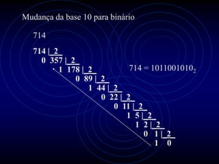 Mudança da base 10 para binário

   714
   714 |_2_
     0 357 |_2_
          1 178 |_2_         714 = 10110010102
              0 89 |_2_
                  1 44 |_2_
                     0 22 |_2_
                         0 11 |_2_
                            1 5 |_2_
                               1 2 |_2_
                                 0 1 |_2_
                                     1 0
 