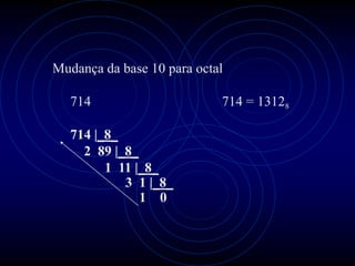Mudança da base 10 para octal

   714                      714 = 13128

   714 |_8_
     2 89 |_8_
         1 11 |_8_
            3 1 |_8_
               1 0
 