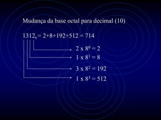 Mudança da base octal para decimal (10)

13128 = 2+8+192+512 = 714

                    2 x 80 = 2
                    1 x 81 = 8
                    3 x 82 = 192
                    1 x 83 = 512
 