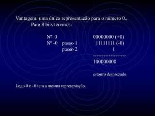 Vantagem: uma única representação para o número 0..
      Para 8 bits teremos:

                Nº 0                     00000000 (+0)
                Nº -0 passo 1             11111111 (-0)
                      passo 2                       1
                                         -------------------
                                         100000000

                                         estouro desprezado

Logo 0 e –0 tem a mesma representação.
 