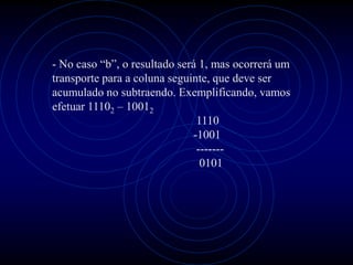 - No caso “b”, o resultado será 1, mas ocorrerá um
transporte para a coluna seguinte, que deve ser
acumulado no subtraendo. Exemplificando, vamos
efetuar 11102 – 10012
                               1110
                              -1001
                               -------
                                0101
 