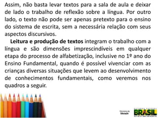 Assim, não basta levar textos para a sala de aula e deixar
de lado o trabalho de reflexão sobre a língua. Por outro
lado, o texto não pode ser apenas pretexto para o ensino
do sistema de escrita, sem a necessária relação com seus
aspectos discursivos.
Leitura e produção de textos integram o trabalho com a
língua e são dimensões imprescindíveis em qualquer
etapa do processo de alfabetização, inclusive no 1º ano do
Ensino Fundamental, quando é possível vivenciar com as
crianças diversas situações que levem ao desenvolvimento
de conhecimentos fundamentais, como veremos nos
quadros a seguir.

 