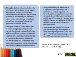 (LEAL E ALBUQUERQUE, PNAIC, 2012,
Unidade 5, ano 1, p. 8-9)

 