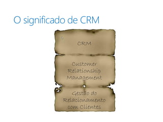 O significado de CRM

               CRM


             Customer
            Relationship
            Management

              Gestão do
           Relacionamento
            com Clientes
 