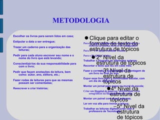   METODOLOGIA Escolher os livros para serem lidos em casa; Estipular a data a ser entregue; Trazer um caderno para a organização das leituras; Pedir para cada aluno escrever seu nome e o nome do livro que está levando; Conscientizá-los da sua responsabilidade para com o livro; Pedir que façam anotações da leitura, bem como: autor, ano, editora, etc.; Fazer rodas de leituras para que as mesmas possam ser comentadas; Reescrever e criar histórias; Para o  6°Ano , trabalhar uma vez por mês leitura e reescrita de poesias através do computador; Para o 7° e 8° ANO , trabalhar Contos; Para o  9° ANO , Crônica; Trabalhar a biografia de diferentes autores; Recontar o texto que leu em cada mês; Fazer a correção e guardá-la para a montagem de um livro no final do ano; Expor esse livro para a comunidade escolar, com um dia de autógrafos; Montar um jornal para expor no mural da escola; Criar um  Hospital de palavras  identificando erros ortográficos na linguagem do dia a dia; Montar um painel com essas palavras; Ler em voz alta para treinar a leitura; Trabalhar as leituras digitais junto com a professora de Tecnologia. 