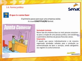 O que é e como fazer
O primeiro passo para que uma empresa exista
é a sua CONSTITUIÇÃO formal.
1.6. Forma jurídica
Sociedade Limitada
Nesse tipo de empresa duas ou mais pessoas associam-
se para a criação de uma pessoa jurídica, com existência
e patrimônio distintos da pessoa física dos sócios.
Empresário
É aquele que exerce individualmente e de maneira
organizada atividades voltadas para a produção ou
comercialização de bens e serviços, sendo obrigatório
seu registro na Junta Comercial.
 