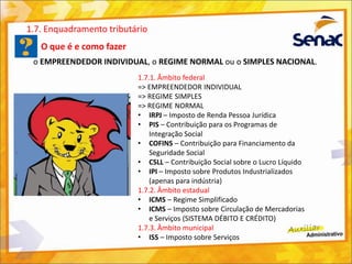 O que é e como fazer
o EMPREENDEDOR INDIVIDUAL, o REGIME NORMAL ou o SIMPLES NACIONAL.
1.7. Enquadramento tributário
1.7.1. Âmbito federal
=> EMPREENDEDOR INDIVIDUAL
=> REGIME SIMPLES
=> REGIME NORMAL
• IRPJ – Imposto de Renda Pessoa Jurídica
• PIS – Contribuição para os Programas de
Integração Social
• COFINS – Contribuição para Financiamento da
Seguridade Social
• CSLL – Contribuição Social sobre o Lucro Líquido
• IPI – Imposto sobre Produtos Industrializados
(apenas para indústria)
1.7.2. Âmbito estadual
• ICMS – Regime Simplificado
• ICMS – Imposto sobre Circulação de Mercadorias
e Serviços (SISTEMA DÉBITO E CRÉDITO)
1.7.3. Âmbito municipal
• ISS – Imposto sobre Serviços
 