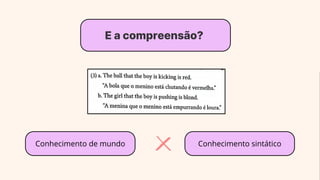 E a compreensão?
Conhecimento de mundo Conhecimento sintático
 