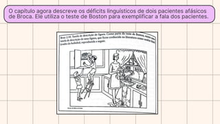O capítulo agora descreve os déficits linguísticos de dois pacientes afásicos
de Broca. Ele utiliza o teste de Boston para exemplificar a fala dos pacientes.
 