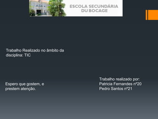 Trabalho Realizado no âmbito da 
disciplina: TIC 
Trabalho realizado por: 
Patricia Fernandes nº20 
Pedro Santos nº21 
Espero que gostem, e 
prestem atenção. 
 