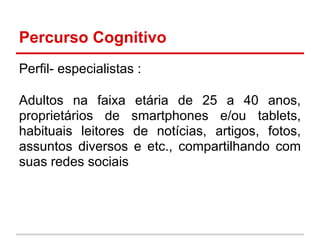 Percurso Cognitivo
Perfil- especialistas :
Adultos na faixa etária de 25 a 40 anos,
proprietários de smartphones e/ou tablets,
habituais leitores de notícias, artigos, fotos,
assuntos diversos e etc., compartilhando com
suas redes sociais
 