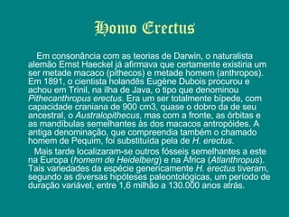 Homo Erectus Em consonância com as teorias de Darwin, o naturalista alemão Ernst Haeckel já afirmava que certamente existiria um ser metade macaco (pithecos) e metade homem (anthropos). Em 1891, o cientista holandês Eugène Dubois procurou e achou em Trinil, na ilha de Java, o tipo que denominou  Pithecanthropus erectus . Era um ser totalmente bípede, com capacidade craniana de 900 cm3, quase o dobro da de seu ancestral, o  Australopithecus , mas com a fronte, as órbitas e as mandíbulas semelhantes às dos macacos antropóides. A antiga denominação, que compreendia também o chamado homem de Pequim, foi substituída pela de  H. erectus .          Mais tarde localizaram-se outros fósseis semelhantes a este na Europa ( homem de Heidelberg ) e na África ( Atlanthropus ). Tais variedades da espécie genericamente  H. erectus  tiveram, segundo as diversas hipóteses paleontológicas, um período de duração variável, entre 1,6 milhão a 130.000 anos atrás.  