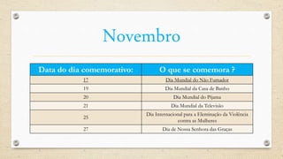 Novembro
Data do dia comemorativo: O que se comemora ?
17 Dia Mundial do Não Fumador
19 Dia Mundial da Casa de Banho
20 Dia Mundial do Pijama
21 Dia Mundial da Televisão
25
Dia Internacional para a Eleminação da Violência
contra as Mulheres
27 Dia de Nossa Senhora das Graças
 