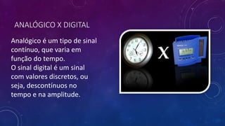ANALÓGICO X DIGITAL
Analógico é um tipo de sinal
contínuo, que varia em
função do tempo.
O sinal digital é um sinal
com valores discretos, ou
seja, descontínuos no
tempo e na amplitude.
 