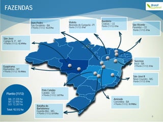 FAZENDAS

                                                                     Violeto                    Bandeira
                             Dom Pedro                                                          Crateús – CE
                             São Desidério - BA                      Alvorada do Gurguéia –PI   Plantio (11/12): 0 ha
                                                                                                                                    São Vicente
                             Plantio (11/12): 16.237ha              Plantio (11/12): 0 ha                                          Parambú – CE
                                                                                                                                     Plantio (11/12): 0 ha


São José
Campo N. P. - MT
Plantio (11/12): 42.494ha




                                                                                                                                      Sucesso
                                                                                                                                      Irecê - BA
Guapirama                                                                                                                             Plantio (11/12): 0 ha
Diamantino - MT
Plantio (11/12): 10.496ha

                                                                                                                                     São José II
                                                                                                                                     Novo Cruzeiro - MG
                                                                                                                                     Plantio (11/12): 0 ha


                                         Polo Catalão
   Plantio (11/12)                       Catalão - GO
                                         Plantio (11/12): 3.877ha
     BA: 27.235 ha                                                                                             Amizade
     MT: 52.990 ha                                                                                             Correntina - BA
     GO: 12.287 ha                                                                                             Plantio (11/12): 10.998ha
                                   Batalha do
    Total: 92.512 ha               Bartolomeu
                                   Guarda-Mor - MG
                                   Plantio (11/12): 8.410ha
                                                                                                                                                             8
 
