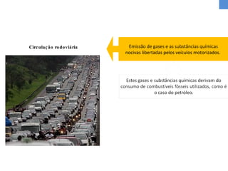 Circulação rodoviária Emissão de gases e as substâncias químicas nocivas libertadas pelos veículos motorizados.  