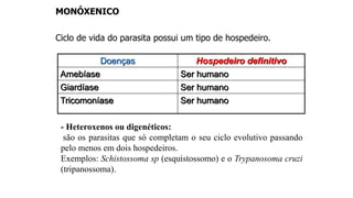 MONÓXENICO
Ciclo de vida do parasita possui um tipo de hospedeiro.
Doenças Hospedeiro definitivo
Amebíase Ser humano
Giardíase Ser humano
Tricomoníase Ser humano
- Heteroxenos ou digenéticos:
são os parasitas que só completam o seu ciclo evolutivo passando
pelo menos em dois hospedeiros.
Exemplos: Schistossoma sp (esquistossomo) e o Trypanosoma cruzi
(tripanossoma).
 
