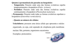Quanto à permanência do parasita no hospedeiro
- Temporário: Parasito onde uma das formas evolutivas espolia
temporariamente o hospedeiro (Pulex irritans);
- Periódico: Parasito onde uma das formas evolutivas espolia
continuamente o hospedeiro (Plasmodium malariae);
- Permanente: Parasito onde todas as formas evolutivas espoliam o
hospedeiro (Enterobius vermicularis).
- Quanto ao número de células:
Unicelulares: possuem uma única célula que apresenta o núcleo
organizado, ou seja, está separado do citoplasma pela membrana
nuclear. São, portanto, organismos eucariontes.
Exemplos: protozoários
 