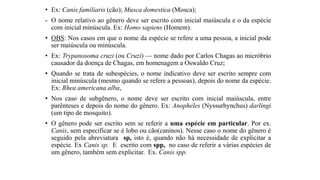 • Ex: Canis familiaris (cão); Musca domestica (Mosca);
- O nome relativo ao gênero deve ser escrito com inicial maiúscula e o da espécie
com inicial minúscula. Ex: Homo sapiens (Homem).
• OBS: Nos casos em que o nome da espécie se refere a uma pessoa, a inicial pode
ser maiúscula ou minúscula.
• Ex: Trypanosoma cruzi (ou Cruzi) — nome dado por Carlos Chagas ao micróbrio
causador da doença de Chagas, em homenagem a Oswaldo Cruz;
• Quando se trata de subespécies, o nome indicativo deve ser escrito sempre com
inicial minúscula (mesmo quando se refere a pessoas), depois do nome da espécie.
Ex: Rhea americana alba,
• Nos caso de subgênero, o nome deve ser escrito com inicial maiúscula, entre
parênteses e depois do nome do gênero. Ex: Anopheles (Nyssurhynchus) darlingi
(um tipo de mosquito).
• O gênero pode ser escrito sem se referir a uma espécie em particular. Por ex.
Canis, sem especificar se é lobo ou cão(caninos). Nesse caso o nome do gênero é
seguido pela abreviatura sp, isto é, quando não há necessidade de explicitar a
espécie. Ex Canis sp. E escrito com spp, no caso de referir a várias espécies de
um gênero, também sem explicitar. Ex. Canis spp.
 