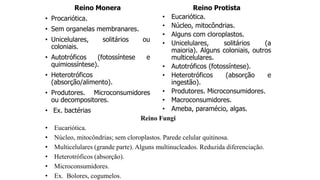 Reino Monera
• Procariótica.
• Sem organelas membranares.
• Unicelulares, solitários ou
coloniais.
• Autotróficos (fotossíntese e
quimiossíntese).
• Heterotróficos
(absorção/alimento).
• Produtores. Microconsumidores
ou decompositores.
• Ex. bactérias
Reino Protista
• Eucariótica.
• Núcleo, mitocôndrias.
• Alguns com cloroplastos.
• Unicelulares, solitários (a
maioria). Alguns coloniais, outros
multicelulares.
• Autotróficos (fotossíntese).
• Heterotróficos (absorção e
ingestão).
• Produtores. Microconsumidores.
• Macroconsumidores.
• Ameba, paramécio, algas.
Reino Fungi
• Eucariótica.
• Núcleo, mitocôndrias; sem cloroplastos. Parede celular quitinosa.
• Multicelulares (grande parte). Alguns multinucleados. Reduzida diferenciação.
• Heterotróficos (absorção).
• Microconsumidores.
• Ex. Bolores, cogumelos.
 