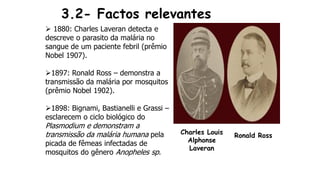  1880: Charles Laveran detecta e
descreve o parasito da malária no
sangue de um paciente febril (prêmio
Nobel 1907).
1897: Ronald Ross – demonstra a
transmissão da malária por mosquitos
(prêmio Nobel 1902).
1898: Bignami, Bastianelli e Grassi –
esclarecem o ciclo biológico do
Plasmodium e demonstram a
transmissão da malária humana pela
picada de fêmeas infectadas de
mosquitos do gênero Anopheles sp.
3.2- Factos relevantes
Charles Louis
Alphonse
Laveran
Ronald Ross
 