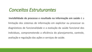 Conceitos Estruturantes
Invisibilidade de processo e resultado na informação em saúde é a
limitação dos sistemas de informação em explicitar ou processar os
diagnósticos de funcionalidade e a evolução da saúde funcional dos
indivíduos, comprometendo a eficiência do planejamento, controle,
avaliação e regulação das ações e serviços de saúde.
 