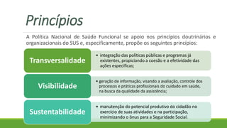Princípios
A Política Nacional de Saúde Funcional se apoio nos princípios doutrinários e
organizacionais do SUS e, especificamente, propõe os seguintes princípios:
• integração das políticas públicas e programas já
existentes, propiciando a coesão e a efetividade das
ações específicas;
Transversalidade
• geração de informação, visando a avaliação, controle dos
processos e práticas profissionais do cuidado em saúde,
na busca da qualidade da assistência;
Visibilidade
• manutenção do potencial produtivo do cidadão no
exercício de suas atividades e na participação,
minimizando o ônus para a Seguridade Social.
Sustentabilidade
 