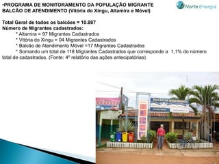 •PROGRAMA DE MONITORAMENTO DA POPULAÇÃO MIGRANTE
BALCÃO DE ATENDIMENTO (Vitória do Xingu, Altamira e Móvel)

Total Geral de todos os balcões = 10.887
Número de Migrantes cadastrados:
       * Altamira = 97 Migrantes Cadastrados
       * Vitória do Xingu = 04 Migrantes Cadastrados
       * Balcão de Atendimento Móvel =17 Migrantes Cadastrados
       * Somando um total de 118 Migrantes Cadastrados que corresponde a 1,1% do número
total de cadastrados. (Fonte: 4º relatório das ações antecipatórias)
 