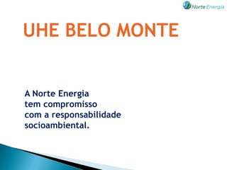 UHE BELO MONTE
Aspectos Ambientais



A Norte Energia
tem compromisso
com a responsabilidade
socioambiental.


                         NORTE ENERGIA S. A.
 