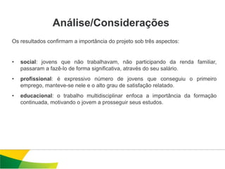 Análise/Considerações
Os resultados confirmam a importância do projeto sob três aspectos:


•   social: jovens que não trabalhavam, não participando da renda familiar,
    passaram a fazê-lo de forma significativa, através do seu salário.
•   profissional: é expressivo número de jovens que conseguiu o primeiro
    emprego, manteve-se nele e o alto grau de satisfação relatado.
•   educacional: o trabalho multidisciplinar enfoca a importância da formação
    continuada, motivando o jovem a prosseguir seus estudos.
 