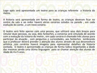 Logo após será apresentada um teatro para as crianças referente a historia do
metro.
A historia será apresentada em forma de teatro, as crianças deveram ficar no
centro da sala e ao redor haverá vários cenários colados na parede , em cada
evolução do conto , a um novo cenário.
O teatro será feito apenas com uma pessoa, que utilizará seus dois braços para
simular duas pessoas, ou seja, dois fantoches, a conversa será simulada de acordo
com a evolução da historia do metro , em cada cenário é chamado três alunos para
participar da atuação , com perguntas e curiosidades, aos fantoches lembrando
que o professor deverá prender a atenção dos alunos através de sua desenvoltura
artística ,nos cenários haverá imagens para representar detalhes da historia
contada. O teatro é apresentado as crianças de forma lúdica respeitando a idade
das mesmas sendo uma ótima linguagem para se chamar atenção dos alunos de
idade de 4 e 5 anos.

 