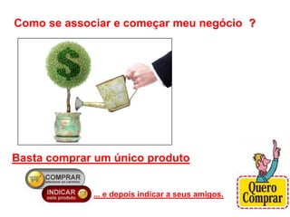 Como se associar e começar meu negócio ?
Basta comprar um único produto
... e depois indicar a seus amigos.
 