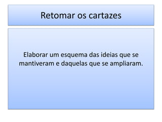 Retomar os cartazes
Elaborar um esquema das ideias que se
mantiveram e daquelas que se ampliaram.
 