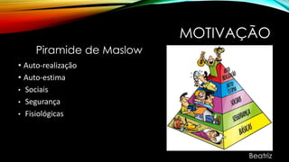 MOTIVAÇÃO
• Auto-realização
• Auto-estima
• Sociais
• Segurança
• Fisiológicas
Piramide de Maslow
Beatriz
 