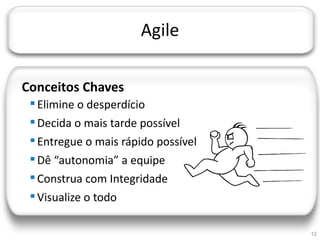 JORNADA TÉCNICA DA TI




                          Agile

  Conceitos Chaves
      Elimine o desperdício
      Decida o mais tarde possível
      Entregue o mais rápido possível
      Dê “autonomia” a equipe
      Construa com Integridade
      Visualize o todo

                                         12
 