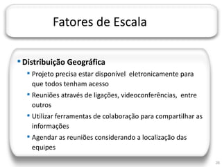 JORNADA TÉCNICA DA TI




                        Fatores de Escala

    Distribuição Geográfica
         Projeto precisa estar disponível eletronicamente para
          que todos tenham acesso
         Reuniões através de ligações, videoconferências, entre
          outros
         Utilizar ferramentas de colaboração para compartilhar as
          informações
         Agendar as reuniões considerando a localização das
          equipes
                                                                     26
 