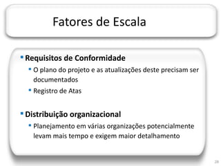 JORNADA TÉCNICA DA TI




                        Fatores de Escala

      Requisitos de Conformidade
          O plano do projeto e as atualizações deste precisam ser
           documentados
          Registro de Atas


      Distribuição organizacional
          Planejamento em várias organizações potencialmente
           levam mais tempo e exigem maior detalhamento


                                                                     28
 