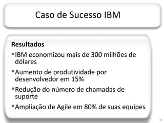 JORNADA TÉCNICA DA TI




                    Caso de Sucesso IBM

  Resultados
   IBM economizou mais de 300 milhões de
    dólares
   Aumento de produtividade por
    desenvolvedor em 15%
   Redução do número de chamadas de
    suporte
   Ampliação de Agile em 80% de suas equipes
                                                45
 