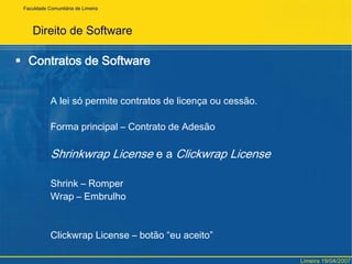 FaculdadeComunitária de LimeiraDireito de SoftwareLei de Software Internacional - Convenção de BernaEstatuto da Rainha Ana (1710) – Países – Direitos do AutorFirmados vários tratados e convênios – Ex.: França, 24 tratados bilateraisSetembro de 1886 – 	Convenção de Berna para a proteção das obras				Literárias e artísticas.É o mais antigo tratado internacional em vigor e aplicadoPaíses signatários – Proteção das obras em todos os países				     (tratados x lei interna)Limeira 19/04/2007