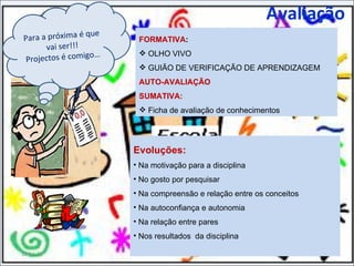 Avaliação 11-11-11 Para a próxima é que vai ser!!! Projectos é comigo… FORMATIVA : OLHO VIVO GUIÃO DE VERIFICAÇÃO DE APRENDIZAGEM AUTO-AVALIAÇÃO SUMATIVA: Ficha de avaliação de conhecimentos Evoluções: Na motivação para a disciplina No gosto por pesquisar Na compreensão e relação entre os conceitos Na autoconfiança e autonomia Na relação entre pares Nos resultados  da disciplina 