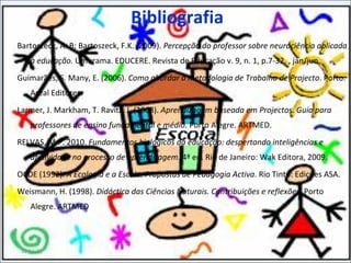 Bibliografia Bartoszeck, A. B; Bartoszeck, F.K. (2009).  Percepção do professor sobre neurociência aplicada à educação.  Umurama. EDUCERE. Revista de Educação v. 9, n. 1, p.7-32. , jan/jun. Guimarães, S. Many, E. (2006).  Como abordar a metodologia de Trabalho de Projecto . Porto. Areal Editores. Larmer, J. Markham, T. Ravitz, J. (2008).  Aprendizagem baseada em Projectos. Guia para professores de ensino fundamental e médio.  Porto Alegre. ARTMED. RELVAS, M.P. 2010.  Fundamentos biológicos da educação: despertando inteligências e afetividade no processo de aprendizagem . 4ª ed. Rio de Janeiro: Wak Editora, 2009. OCDE (1992).  A Ecologia e a Escola: Propostas de Pedagogia Activa .  Rio Tinto: Edições ASA. Weismann, H. (1998).  Didáctica das Ciências Naturais. Contribuições e reflexões . Porto Alegre. ARTMED 11-11-11 