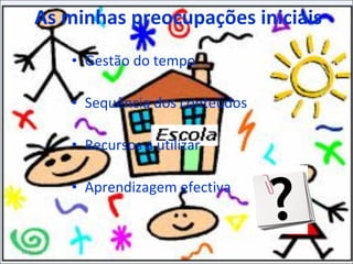 As minhas preocupações iniciais Gestão do tempo Sequência dos conteúdos Recursos a utilizar Aprendizagem efectiva 11-11-11 