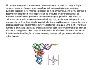 São muitos os setores que atingem o desenvolvimento através da biotecnologia,
como: os produtos farmacêuticos, o cultivo animal, a agricultura, os produtos
químicos especiais e até mesmo aplicações ao meio ambiente, desta forma começa o
desenvolvimento de um fluxo espetacular de produtos em diferentes áreas de
interesse para o homem;podemos citar como exemplos genéricos: a) na área da
saúde humana e animal: têm-se desenvolvido vacinas, reativos para diagnósticos e
fármacos; b) na área de produção vegetal, são desenvolvidas plantas com resistência a
pestes ao calor ou bem plantas com novas proteínas aptas para uma melhor nutrição
humana e animal; c) na área da produção animal, com o desenvolvimento de animais
híbridos e transgênicos; d) na área de tratamento de efluentes urbanos e industriais,
donde através da utilização de novos microorganismos se logra a contaminação de
redes fluviais.
 