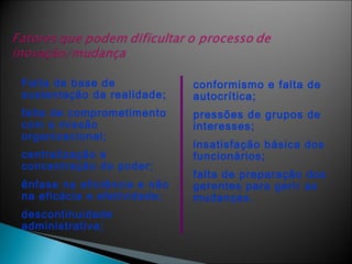 Falta de base de
sustentação da realidade;

conformismo e falta de
autocrítica;

falta de comprometimento
com a missão
organizacional;

pressões de grupos de
interesses;

centralização e
concentração do poder;
ênfase na eficiência e não
na eficácia e efetividade;
descontinuidade
administrativa;

insatisfação básica dos
funcionários;
falta de preparação dos
gerentes para gerir as
mudanças.

 