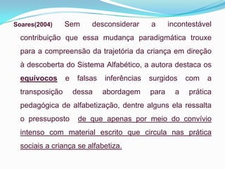 Soares(2004) Sem desconsiderar a incontestável
contribuição que essa mudança paradigmática trouxe
para a compreensão da trajetória da criança em direção
à descoberta do Sistema Alfabético, a autora destaca os
equívocos e falsas inferências surgidos com a
transposição dessa abordagem para a prática
pedagógica de alfabetização, dentre alguns ela ressalta
o pressuposto de que apenas por meio do convívio
intenso com material escrito que circula nas prática
sociais a criança se alfabetiza.
 