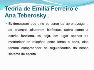 Teoria de Emilia Ferreiro e
Ana Teberosky...
 Evidenciaram que , no percurso da aprendizagem,
as crianças elaboram hipóteses sobre como a
escrita funciona, ou seja, em lugar apenas de
memorizar as relações entre letras e sons, elas
tentam compreender as regularidades do nosso
sistema de escrita.
 