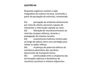 QUESTÃO 06

Respostas orgânicas revelam a ação
integradora do sistema nervoso, construída a
partir da percepção de estímulos, envolvendo:

01)        percepção do ambiente diretamente
por meio de células sensoriais capazes de
interpretar a informação captada ao meio.
02)        liberação de neurotransmissores ao
nível das sinapses elétricas, durante a
propagação do impulso nervoso.
03)        revestimento mielínico ininterrupto
ao longo do axônio como uma estratégia para
relatar as ações reflexas.
04)        mudanças de potencial elétrico da
membrana plasmática dos neurônio,
decorrentes de transporte iônico.
05)        continuidade entre o citoplasma das
terminações axônicas e dendríticas de
neurônios sensitivos e motores adjacentes.
 