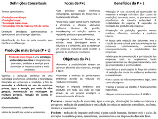 Definições Conceituais
Termos semelhantes:
•Produção mais Limpa.
•Produção Limpa.
•Tecnologia mais Limpa.
•Tecnologias Fim-de-Tubo ou Fim-de- Linha.
Orientam atividades administrativas e
operacionais para alcançar objetivos.
Identificação do foco de cada conceito para
clarificar as diferenças.
Produção mais Limpa (P + L)
Produção mais limpa é uma estratégia
ambiental preventiva e integrada nos
processos, produtos e serviços para
minimizar os impactos sobre o meio
ambiente.
Significa a aplicação contínua de uma
estratégia econômica, ambiental e tecnológica
integrada aos processos e produtos, a fim de
aumentar a eficiência no uso de matérias-
primas, água e energia, por meio da não-
geração, minimização ou reciclagem de
resíduos gerados, redução de custos (>
produtividade).
•Desenvolvimento sustentável
•Além de benefícios sociais e ambientais.
Focos da P+L
•Este processo requer melhorias
tecnológicas, aplicação de Know-how e
mudanças de atitude.
•Know-how (saber como fazer): melhorar
a eficiência e eficácia, adotando
melhores técnicas de gestão,
housekeeping ou solução caseiras e
revisando políticas e procedimentos.
•Inteligência Intelectual: Mudança de
atitude: nova abordagem entre a
indústria e o ambiente, pois ao repensar
um processo industrial pode ocorrer a
geração de melhores resultados
Objetivos da P+L
•Aumentar a produtividade através do
uso mais eficiente dos materiais, energia
e água;
•Promover a melhora da performance
ambiental através da redução de
resíduos e emissões;
•Reduzir o impacto ambiental dos
produtos em todo seu ciclo de vida
através de um projeto ecológico e
economicamente eficiente.
Benefícios da P + L
•Redução (= uso racional) da quantidade de
materiais e energia utilizados (dos custos de
produção), tornando, assim, os processos mais
econômicos de maneira sustentável 
rentabilidade do negócio  expansão no
mercado dos produtos da empresa;
•Prevenção da poluição, gerando menos
resíduos, efluentes, emissões e produtos
tóxicos;
•A busca pela redução dos poluentes leva a
criação de uma cultura que busca inovação dos
processos continuamente, aumentada
consequentemente, a produtividade das
empresas;
•Maior grau de comunicação e participação das
empresas com os organismos locais
(governamentais ou não governamentais), com
as universidades e a comunidade.
•Sensibilizar a participação da força de trabalho
 redução dos riscos de acidentes ambientais
e ocupacionais.
•Evita custos do não-cumprimento legal, bem
como de seguros
•Facilita o acesso ao crédito e financiamentos
específicos.
•Requer mínimos investimentos  Gráfico.
 